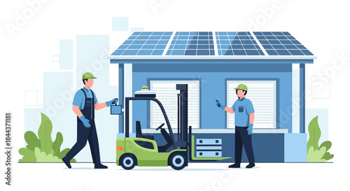 Solar panel installation with forklift and technicians ensuring sustainable energy solutions in home
