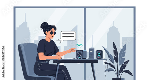 Stylish woman engaging with her digital assistant in a modern office environment seamlessly