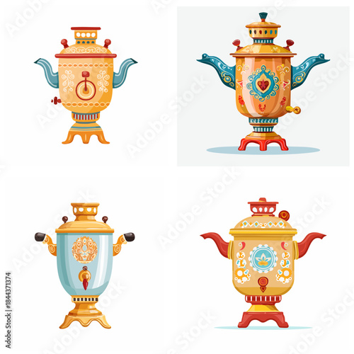 Download decorative samovar illustrations isolated collection of ornamental tea kettles in vector style for design projects