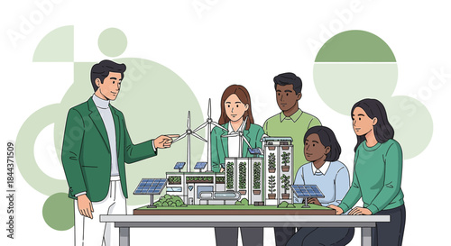 Sustainable architecture presentation showcasing a prototype building with renewable energy