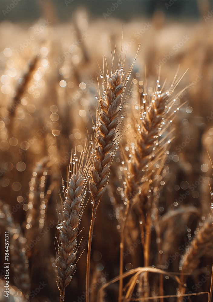Fototapeta premium Golden Wheat Field Close-up with Dew Drops