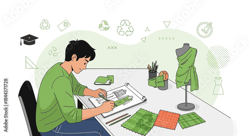 Sustainable fashion designer sketching eco-friendly clothing concepts with recycled materials