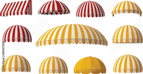Vibrant Striped Awnings and Canopies Vector Illustration Collection for Storefronts, Cafes, and Outdoor Architectural Elements