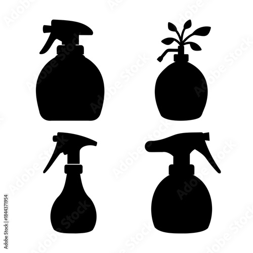 Four diverse spray bottle silhouettes for cleaning and plant care