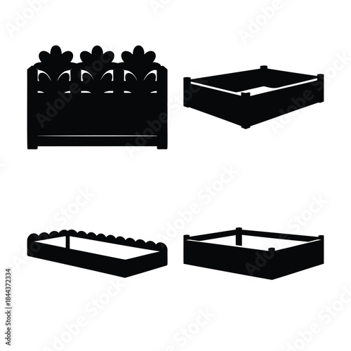 Various garden bed and planter box simple silhouette icons.