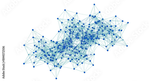 Abstract depiction of interconnected nodes forming a complex digital network on a white background, representing data flow and connections.