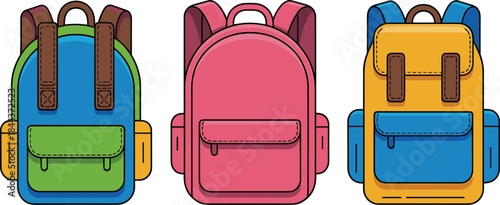 Colorful school backpacks set vector illustration for education travel kids bag design isolated on white