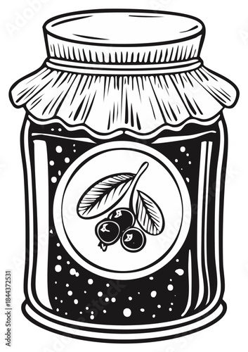 Vintage monochrome line art of a glass jar with berry preserves and a rustic fabric cover