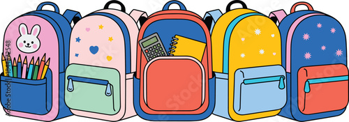 A vibrant vector collection of six individual school bags with various patterns including polka dots, heart straps, abstract swirls, and quilted diamond texture.