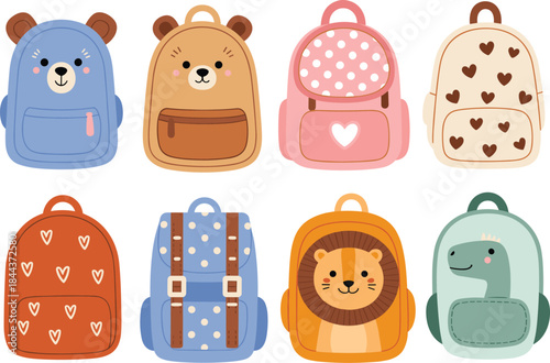 A vector collection of six brightly colored student backpacks featuring cheerful smiley faces, polka dots, heart straps, and quilted textures for children.