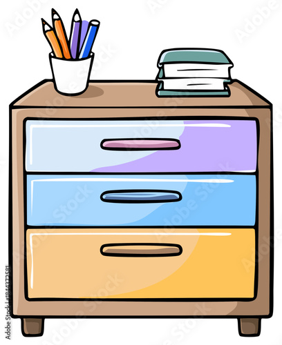 Cartoon filing cabinet with colored drawers holding pencils and books