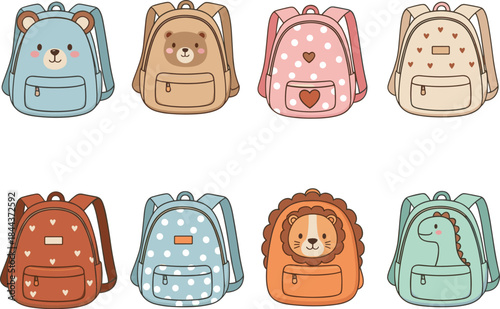 A vector set of six brightly colored school bags with diverse designs including polka dots, abstract swirls, smileys, and quilted texture for student use.