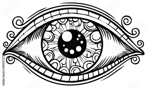 Intricate Eye Illustration with Curled Designs: Mystical Vision, Graphic Element, Detailed Art, Black and White