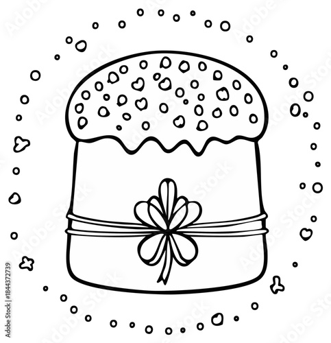 Festive Easter cake line art drawing with icing sprinkles and decorative ribbon holiday food illustration