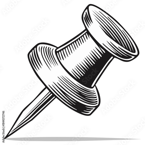 Black and white woodcut style drawing of a single pushpin with sharp point and textured surface.