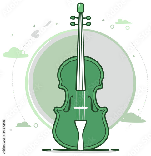 Green viola illustration with abstract clouds and circular design elements