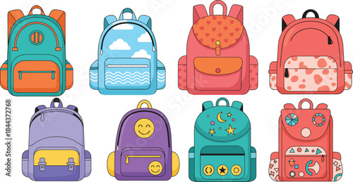 A playful collection of eight diverse colorful vector backpacks featuring cute patterns, smiley faces, stars, hearts, and clouds for school supplies and student travel.