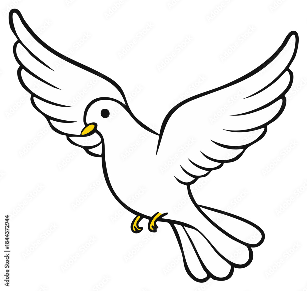 Obraz premium Stylized White Dove Flying with Wings Spread and Yellow Accents