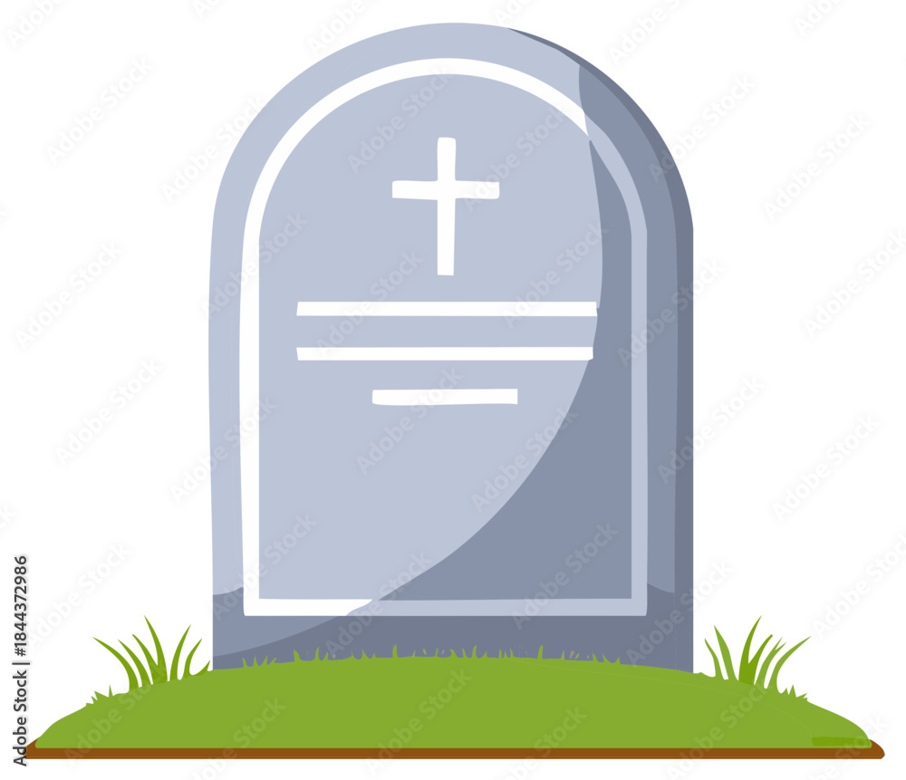 Obraz premium Cartoon Tombstone with Cross on Green Hill Illustration. Grave marker for memorial or requiem remembrance with grass.