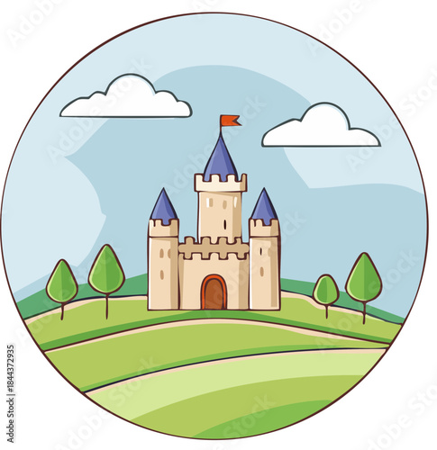 Medieval castle on green hills with trees and white clouds in the blue sky vector art