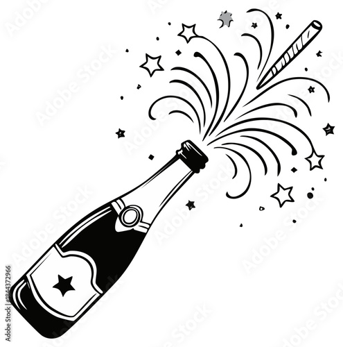 Illustration of Champagne Bottle with Sparklers and Stars for New Year's Celebrations