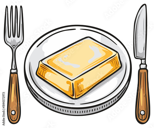 Plate with a block of butter served with fork and knife, cartoon illustration