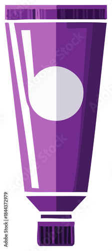 Simple flat illustration of a purple squeeze tube with a white circle and cap
