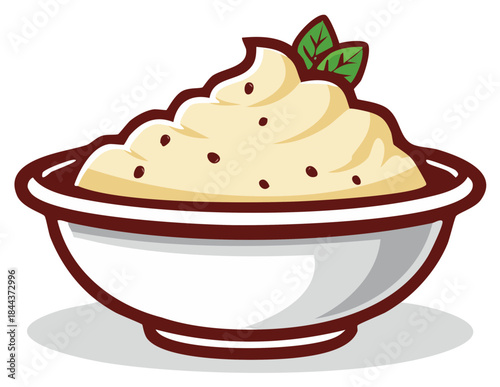 Whipped Cream in Bowl with Mint Leaves Cartoon Illustration Design for Food Products or Desserts