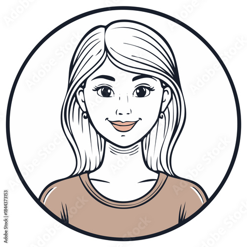 Smiling young woman illustration with blonde hair in a circular frame