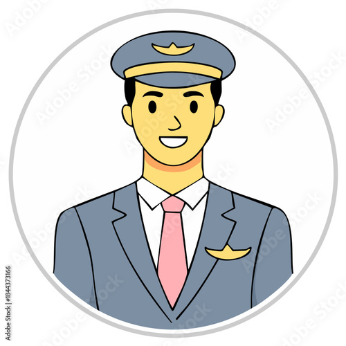 Cartoon Pilot Illustration, Smiling and Wearing Uniform.
