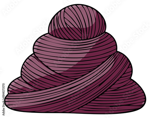 Pile of plum yarn in a heap, knitting supplies and material for crafts, illustration on white.