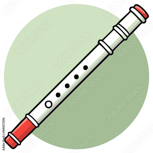 Simple white and red recorder flute musical instrument illustration on green circle background