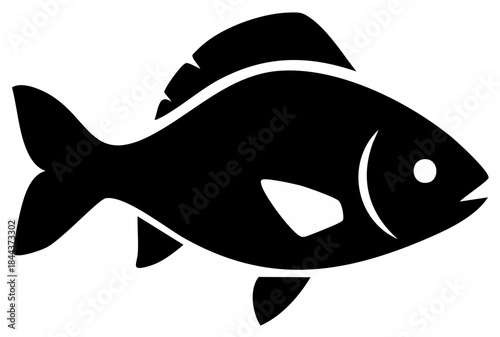 Black fish silhouette with detailed fins and a small eye swims in water