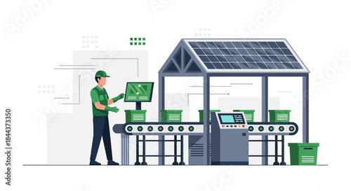 Sustainable production process with solar power, manufacturing worker and conveyor belt system
