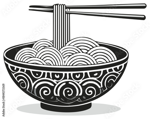 Illustration of a bowl of noodles and chopsticks in black and white