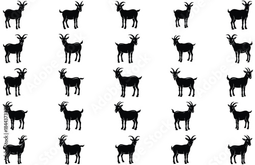 goat silhouette set, farm animal vector illustration, livestock black shape, countryside agriculture artwork, rustic goat graphic design
