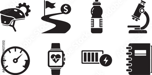 Black silhouette icons for sports, business, and science Keywords: helmet, gear, road, flag, dollar sign, water bottle, microscope, stopwatch