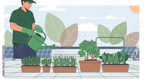 Sustainable urban farming concept featuring a rooftop garden powered by solar energy panels