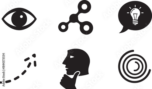 Black silhouette icons representing ideas, thought, and progress Keywords: eye, molecule, light bulb, speech bubble, dotted arrow, profile, head