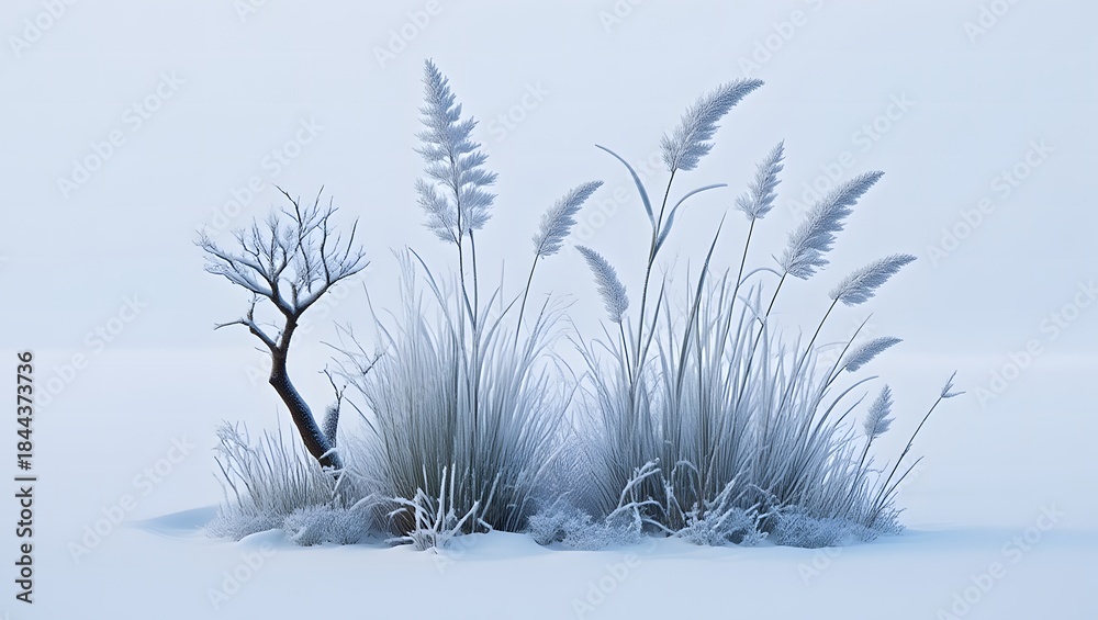 Obraz premium A serene winter landscape featuring frosted pampas grass and a solitary tree in the snow