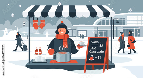 Woman selling hot chocolate at street stall.