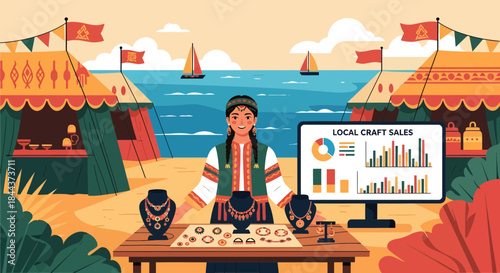 Woman Selling Local Crafts at Beachside Market.