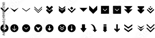 Collection of assorted arrow icons pointing down vector illustration