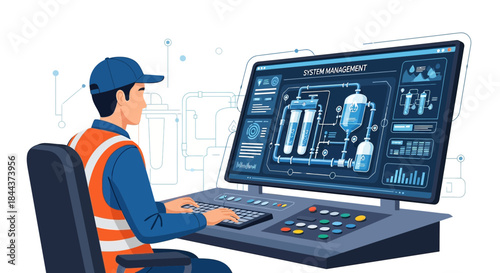 Technician monitoring complex system operations via digital interface for process optimization