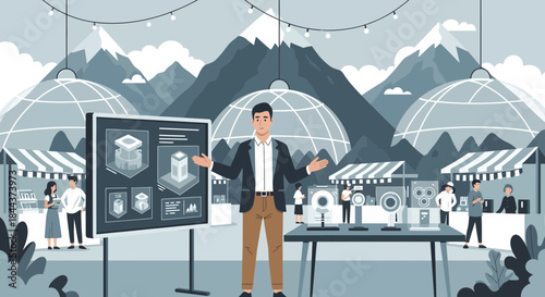 Man presenting at a technology exhibition.