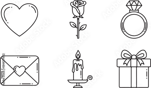 Set of six romantic and celebratory line art icons on white background Keywords: heart, rose, ring, envelope, candle, gift, love, romance