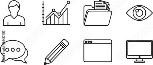 Set of eight simple outline icons for business and technology concepts Keywords: icon, set, outline, user, profile, person, graph, chart