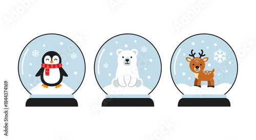Cute Winter Characters in Snow Globes Featuring Penguin, Polar Bear, and Deer