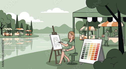 Woman Painting on Easel by Lake.