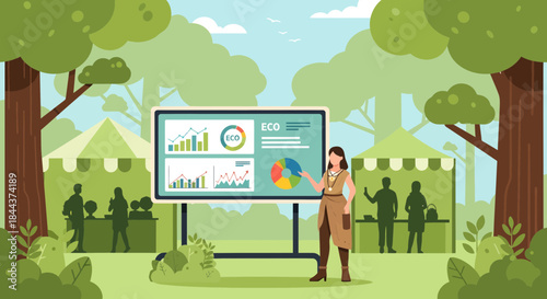 Woman presenting data on digital display outdoors.